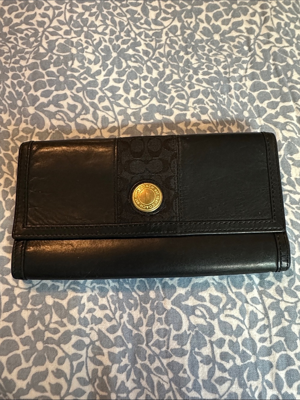 Coach Black Leather Continental Wallet with Signature Logo Accent